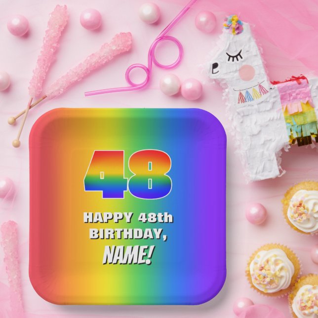 48th Birthday: Colourful, Fun Rainbow Pattern # 48 Paper Plate (Party)