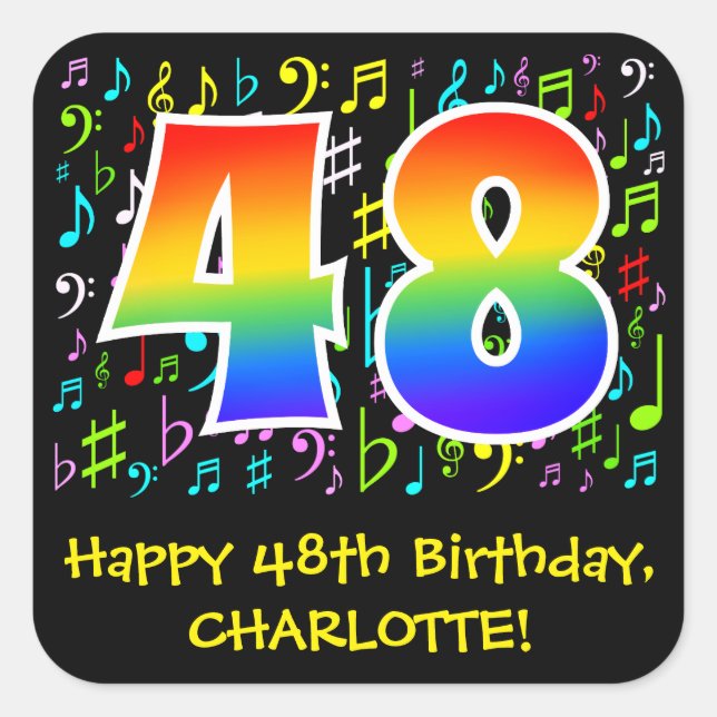 48th Birthday: Colourful Music Symbols, Rainbow 48 Square Sticker (Front)