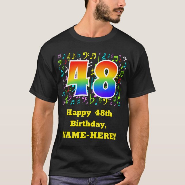 48th Birthday: Colourful Music Symbols, Rainbow 48 T-Shirt (Front)