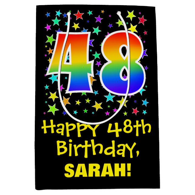 48th Birthday: Colourful Stars Pattern & Rainbow 4 Medium Gift Bag (Front)