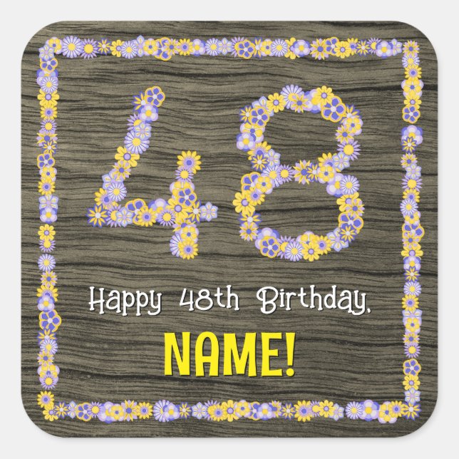 48th Birthday: Floral Number, Faux Wood Look, Name Square Sticker (Front)
