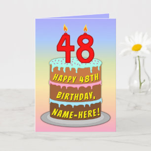 48th Birthday — Fun Cake & Candles, w/ Custom Name Card