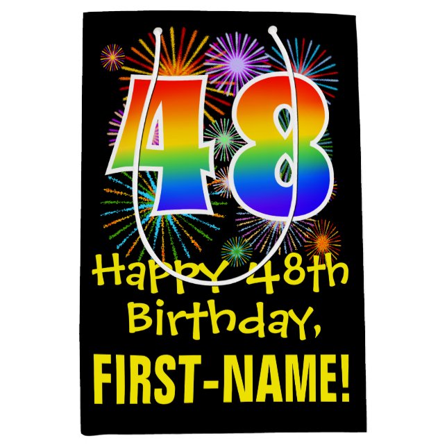 48th Birthday: Fun Fireworks Pattern + Rainbow 48 Medium Gift Bag (Front)
