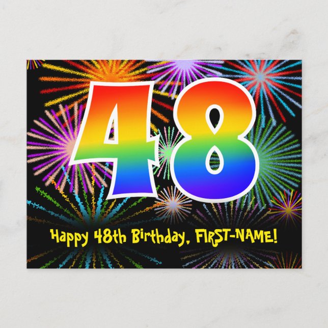 48th Birthday – Fun Fireworks Pattern + Rainbow 48 Postcard (Front)