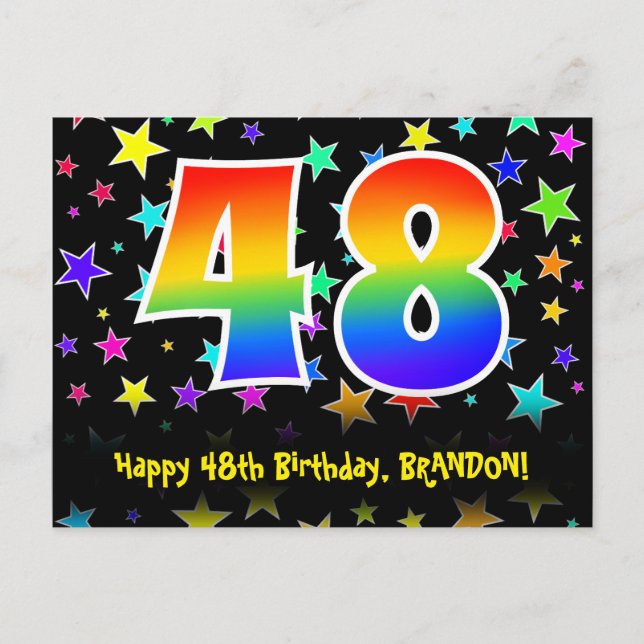 48th Birthday: Fun Stars Pattern, Rainbow 48, Name Postcard (Front)