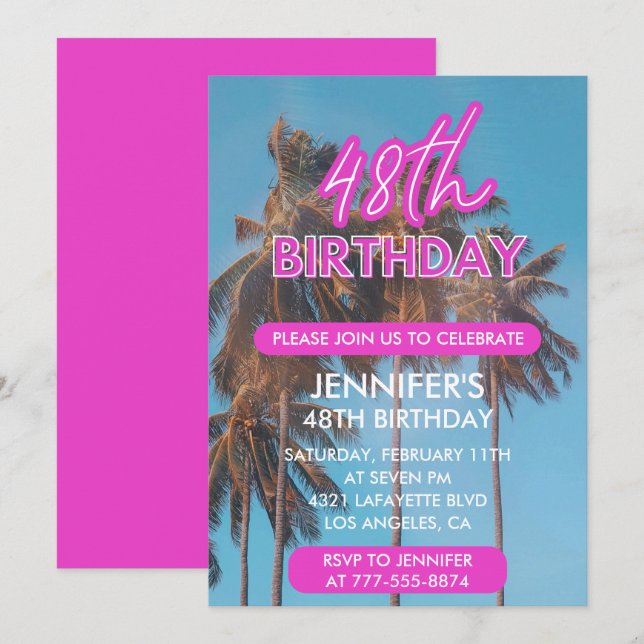 48th birthday invitation Summer Pink Palm tree (Front/Back)