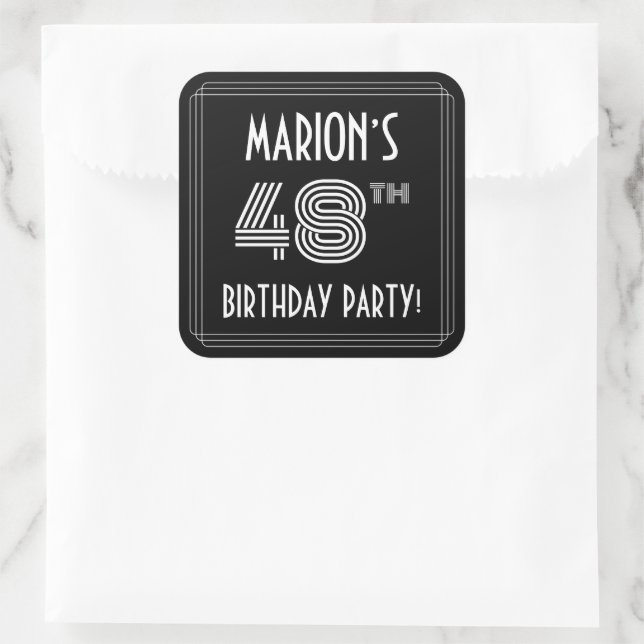 48th Birthday Party: Art Deco Style & Custom Name Square Sticker (Bag)