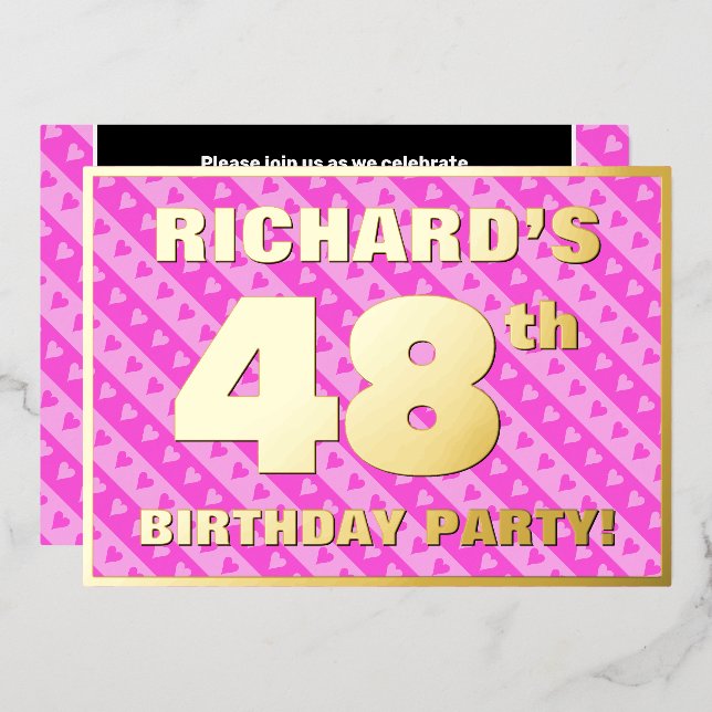 48th Birthday Party — Fun Pink Hearts and Stripes (Front/Back)