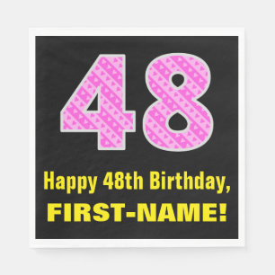 48th Birthday: Pink Stripes and Hearts "48" + Name Napkin