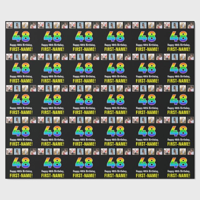 48th Birthday: Rainbow “48“; Custom Photos & Name Wrapping Paper (Seam)