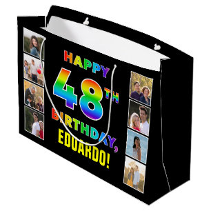 48th Birthday: Rainbow Text, Custom Photos & Name Large Gift Bag