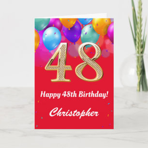 48th Birthday Red and Gold Colourful Balloons Card