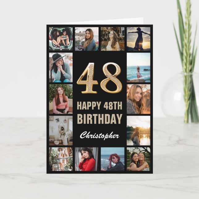 48th Happy Birthday Black and Gold Photo Collage Card (Front)