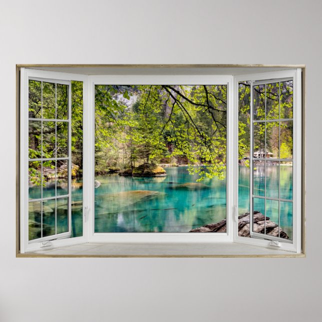 48x32 Canvas - Window Illusion Calming Lake Poster (Front)