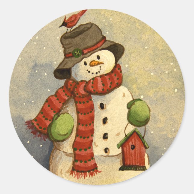 4905 Snowman & Birdhouse Christmas Classic Round Sticker (Front)