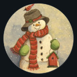 4905 Snowman & Birdhouse Christmas Classic Round Sticker<br><div class="desc">From an original acrylic painting by Ruth Garrison.</div>