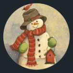 4905 Snowman & Birdhouse Christmas Classic Round Sticker<br><div class="desc">From an original acrylic painting by Ruth Garrison.</div>