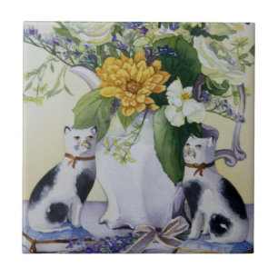 4930 Floral and Precelain Cats Tile
