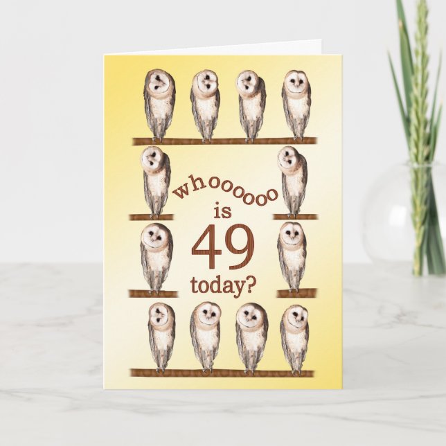 49e anniversaire, carte des chouettes curieux. (Devant)