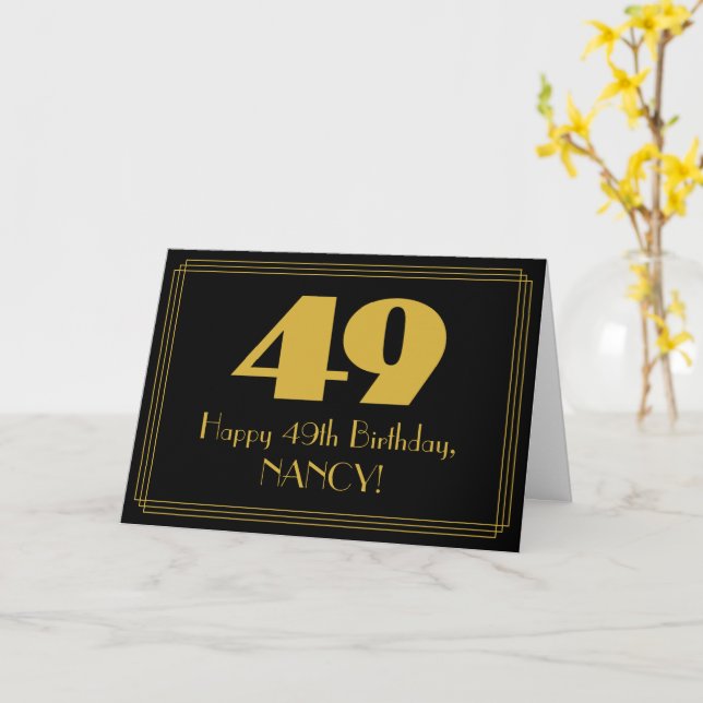 49th Birthday: Art Deco Inspired Look "49" & Name Card (Yellow Flower)