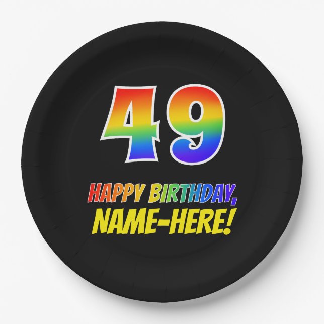 49th Birthday: Bold, Fun, Simple, Rainbow 49 Paper Plate (Front)