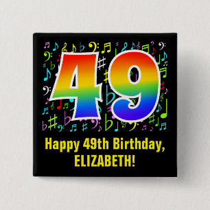 49th Birthday: Colorful Music Symbols, Rainbow 49 2 Inch Square Button