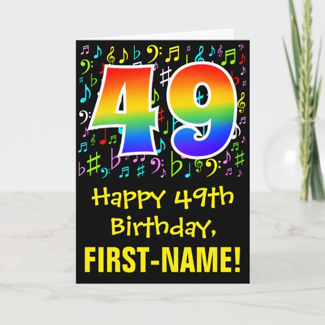 49th Birthday: Colorful Music Symbols + Rainbow 49 Card (Front)