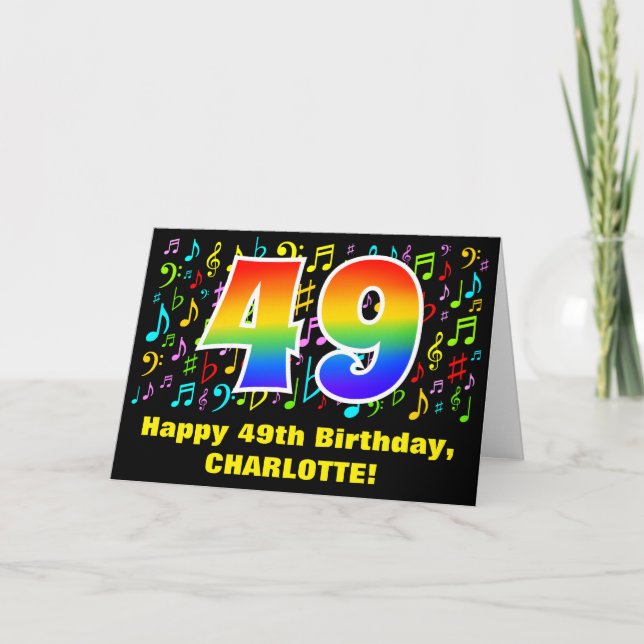 49th Birthday: Colorful Music Symbols & Rainbow 49 Card (Front)