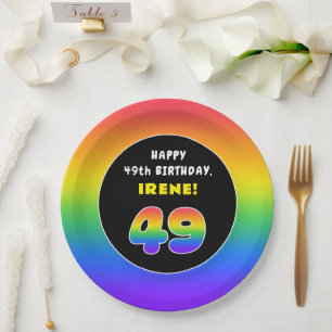 49th Birthday: Colorful Rainbow # 49, Custom Name Paper Plate