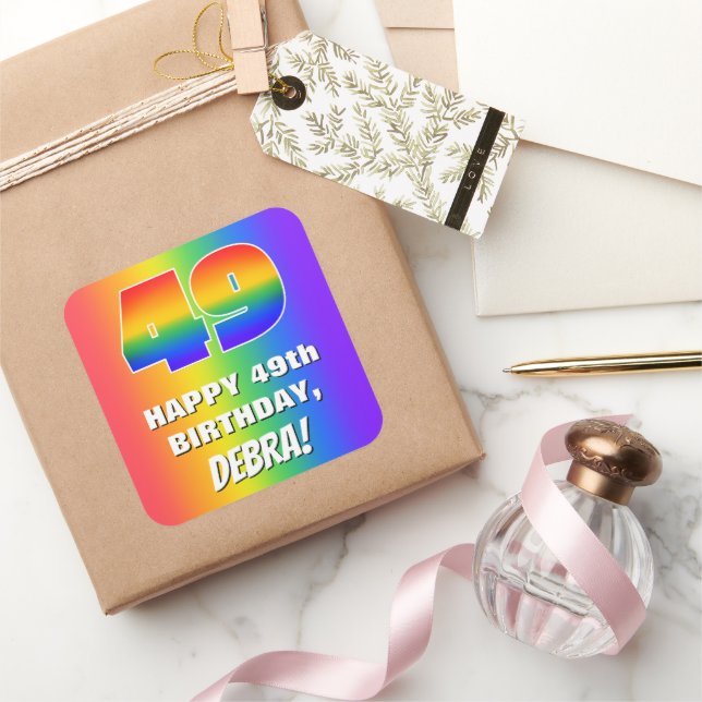 49th Birthday: Colourful, Fun Rainbow Pattern # 49 Square Sticker (Gifting)