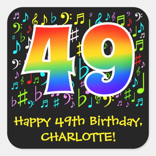 49th Birthday: Colourful Music Symbols, Rainbow 49 Square Sticker (Front)