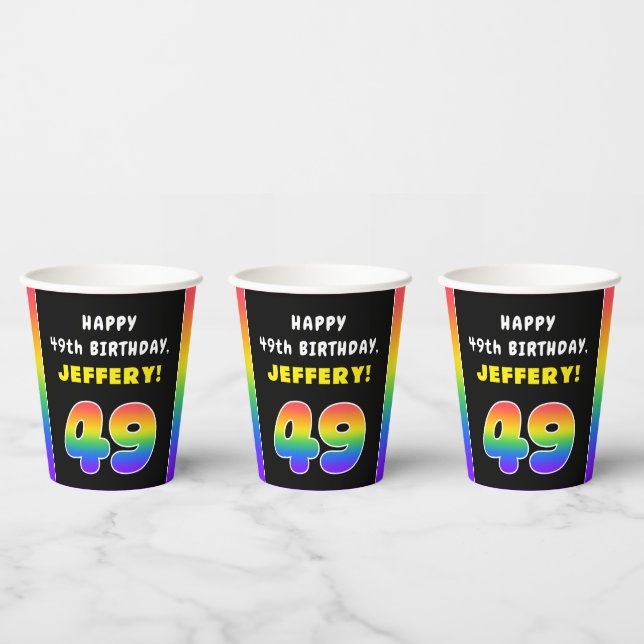 49th Birthday: Colourful Rainbow # 49, Custom Name Paper Cups (Multi)