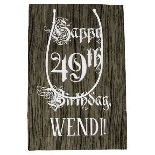 49th Birthday: Fancy, Faux Wood Look + Custom Name Medium Gift Bag