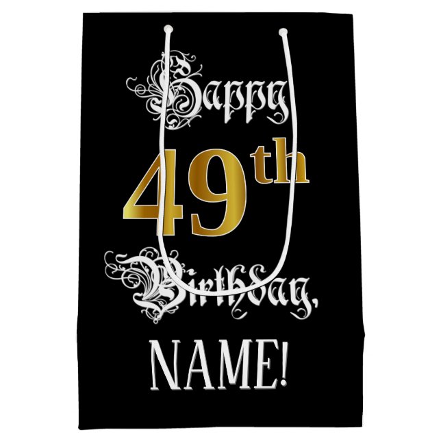 49th Birthday ~ Fancy Script; Faux Gold Look; Name Medium Gift Bag (Back)