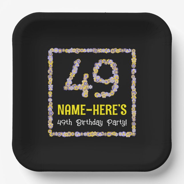 49th Birthday: Floral Flowers Number, Custom Name Paper Plate (Front)