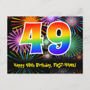 49th Birthday – Fun Fireworks Pattern + Rainbow 49 Postcard