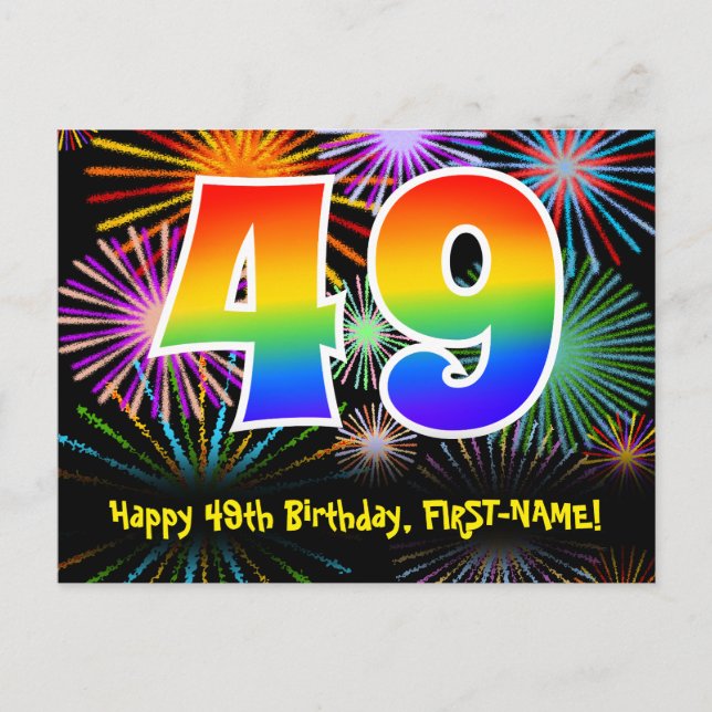 49th Birthday – Fun Fireworks Pattern + Rainbow 49 Postcard (Front)