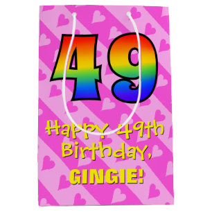 49th Birthday: Fun Pink Hearts Stripes; Rainbow 49 Medium Gift Bag