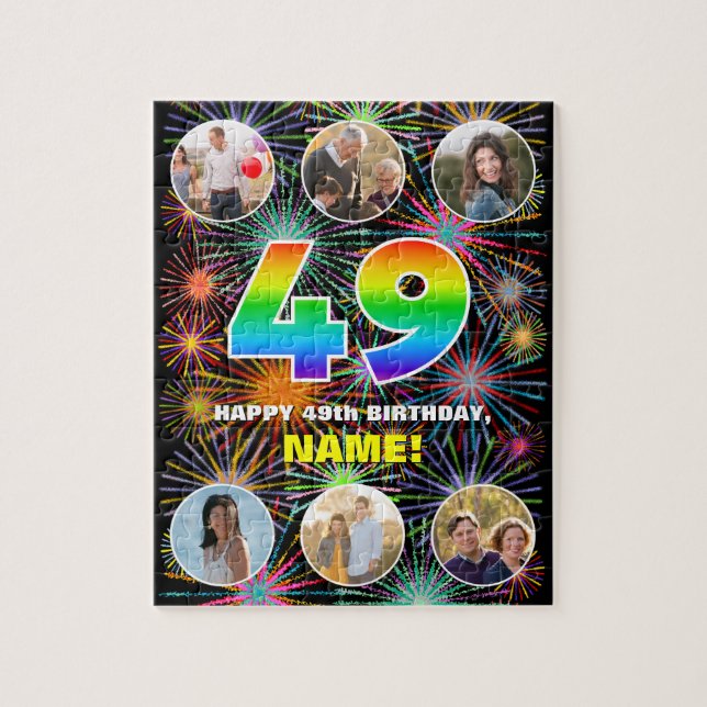 49th Birthday: Fun Rainbow #, Custom Name + Photos Jigsaw Puzzle (Vertical)