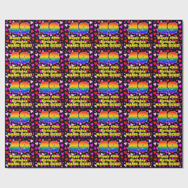 49th Birthday: Loving Hearts Pattern, Rainbow # 49 Wrapping Paper (Flat)