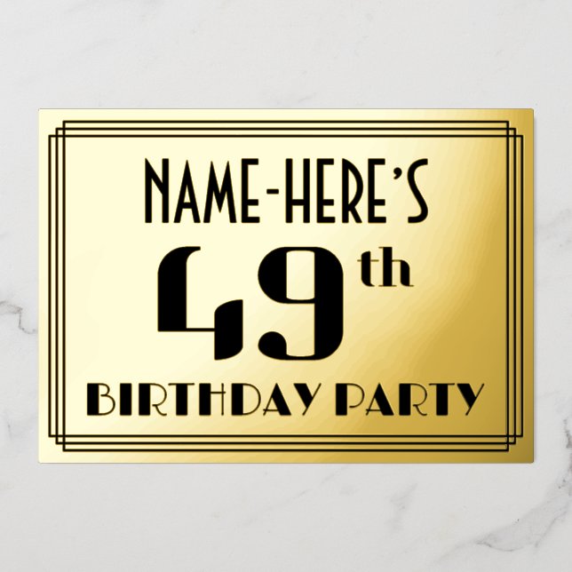 49th Birthday Party: Art Deco Look “49” and Name (Front)