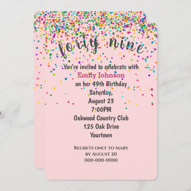 49th Birthday Party Confetti On Pink Invitation (Front/Back)