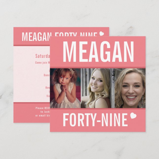 49th birthday party event celebration photo coral  invitation (Front/Back)