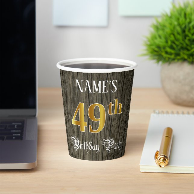 49th Birthday Party — Faux Gold & Faux Wood Looks Paper Cups (Insitu)