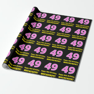 49th Birthday: Pink Stripes and Hearts "49" + Name Wrapping Paper