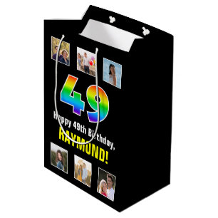 49th Birthday: Rainbow “49“, Custom Photos & Name Medium Gift Bag