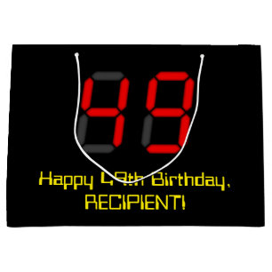 49th Birthday: Red Digital Clock Style "49" + Name Large Gift Bag