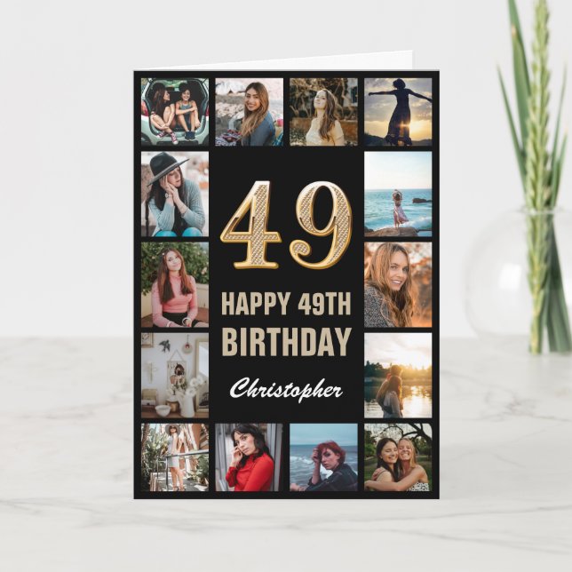 49th Happy Birthday Black and Gold Photo Collage Card (Front)