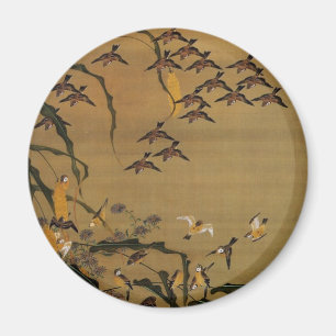 4. 秋塘群雀図, 若冲 Flock of Sparrows, Jakuchū Magnet