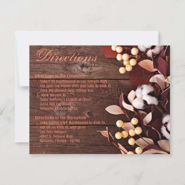 4.25x5.5 Direction Card Cotton Branch on Dark Wood (Front)
